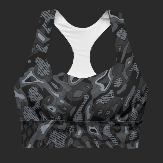 Dark Camo Longline sports bra - faded blue. Activewear by Keplove