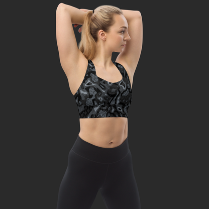 Dark Camo Longline sports bra - faded blue. Activewear by Keplove