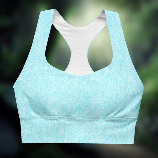 Ice Blue Pattern Longline sports bra. Activewear by Keplove