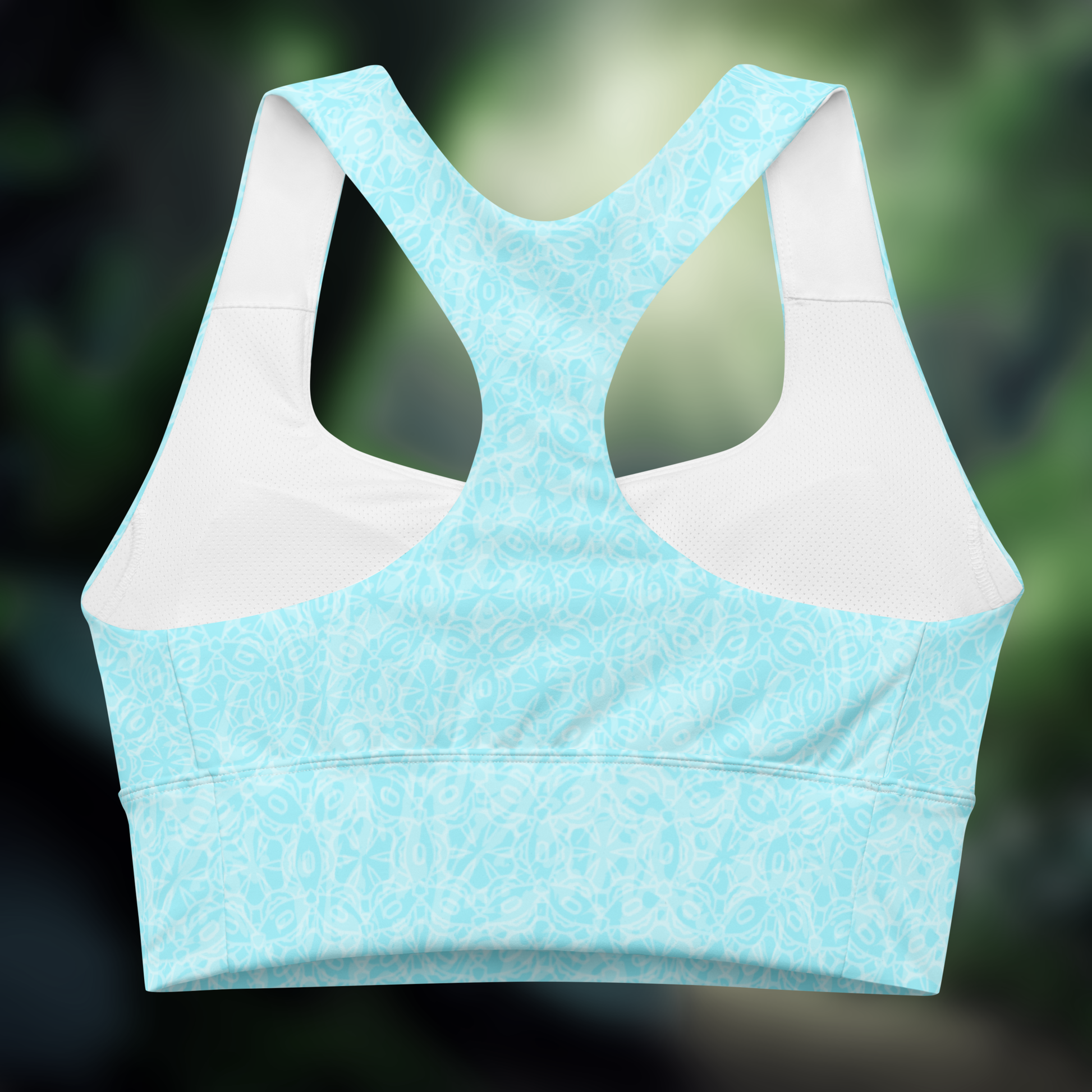 Ice Blue Pattern Longline sports bra. Activewear by Keplove