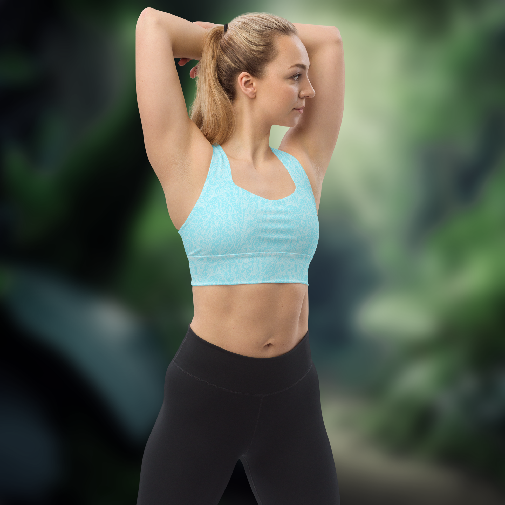 Ice Blue Pattern Longline sports bra. Activewear by Keplove