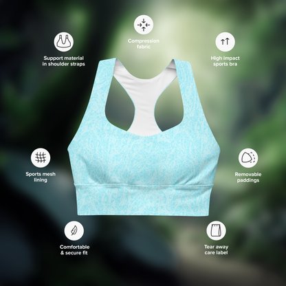 Ice Blue Pattern Longline sports bra. Activewear by Keplove