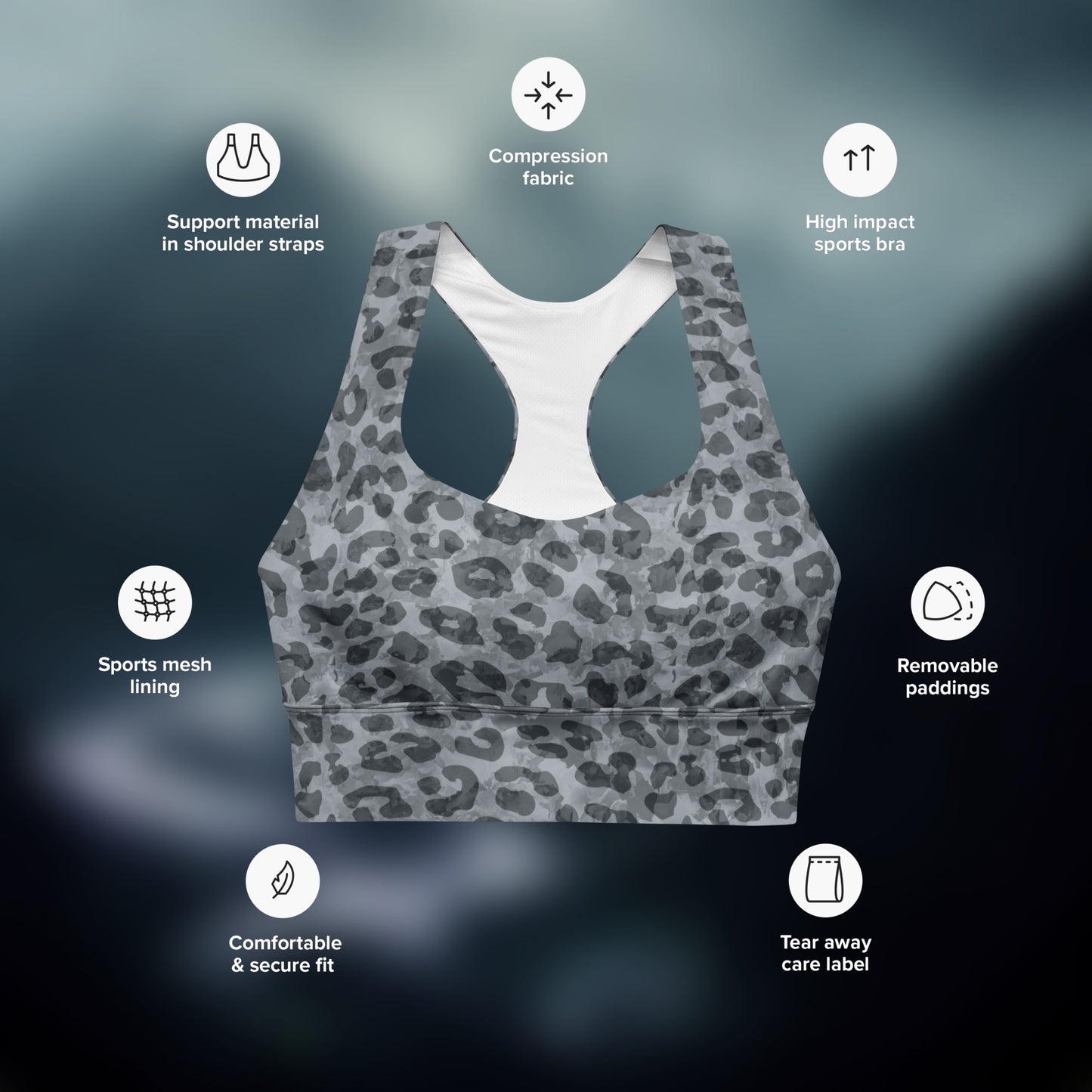 Leopard Print, Blue Gray - Longline sports bra. Activewear by Keplove