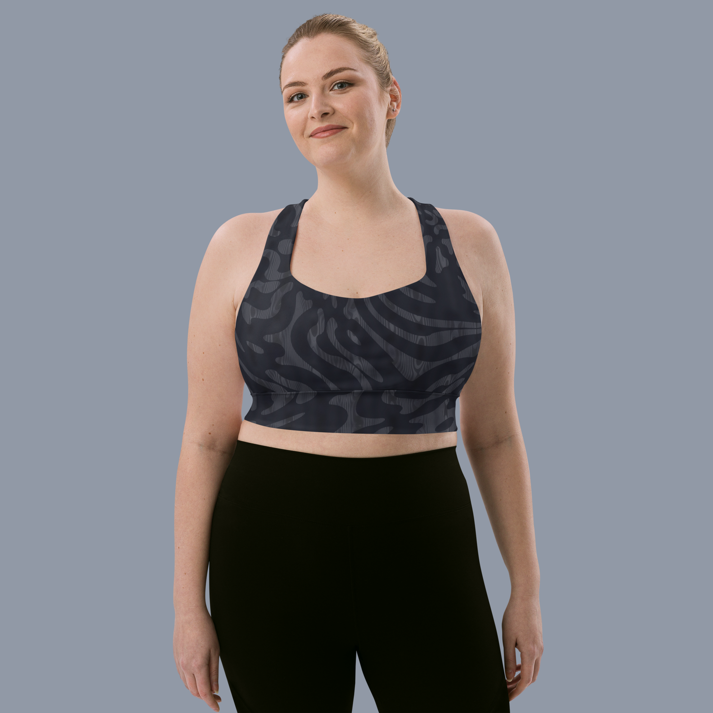 Steel Camo Longline sports bra. Activewear by Keplove