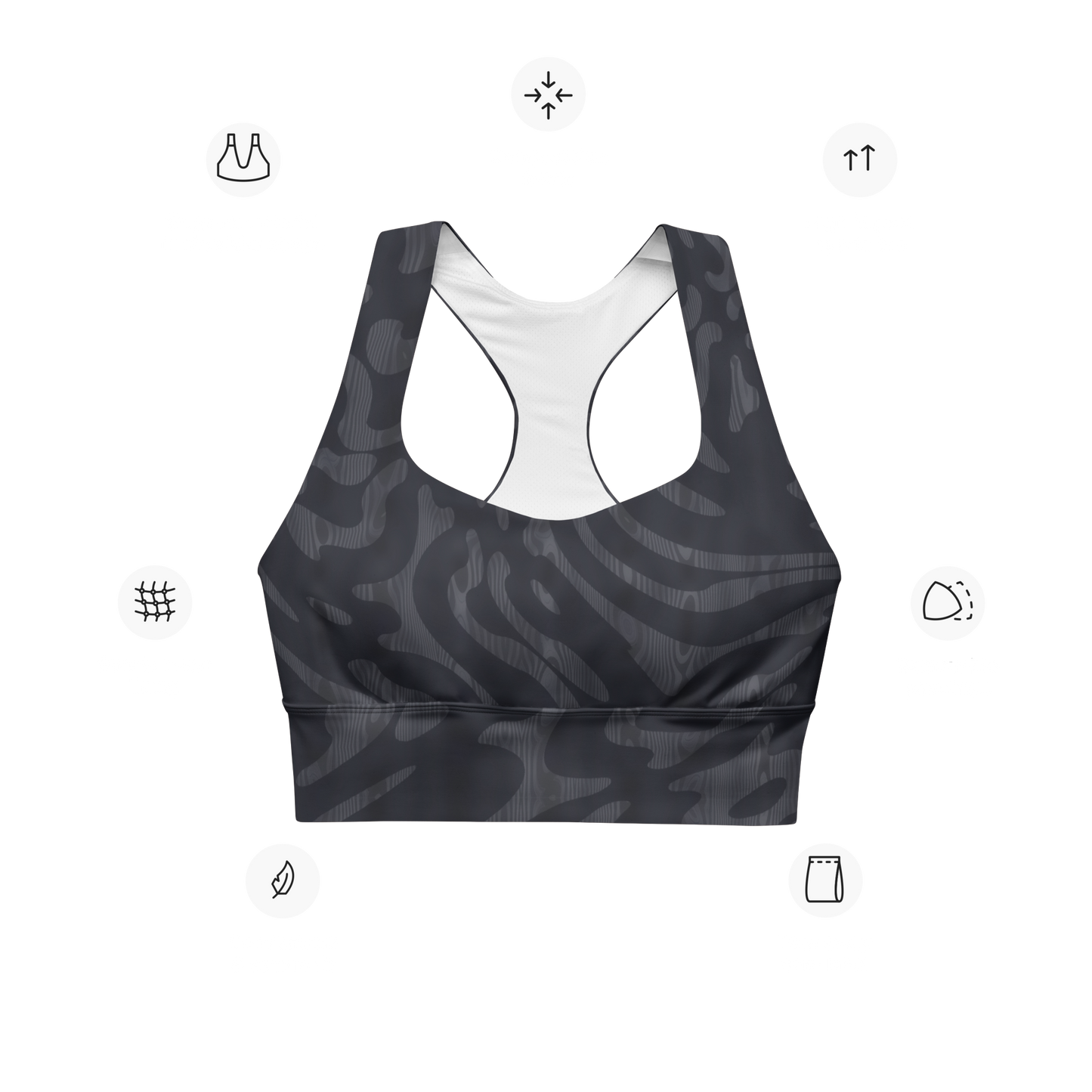 Steel Camo Longline sports bra. Activewear by Keplove