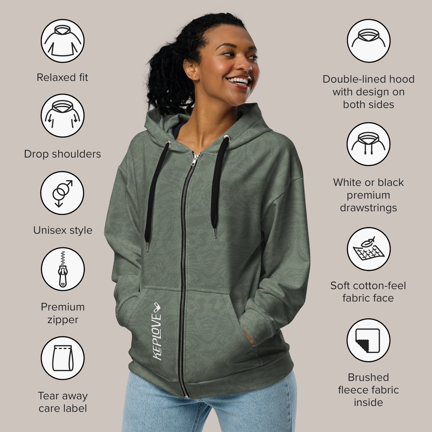 Tech Pattern Unisex zip hoodie - Olive green. Activewear by Keplove