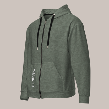 Tech Pattern Unisex zip hoodie - Olive green. Activewear by Keplove